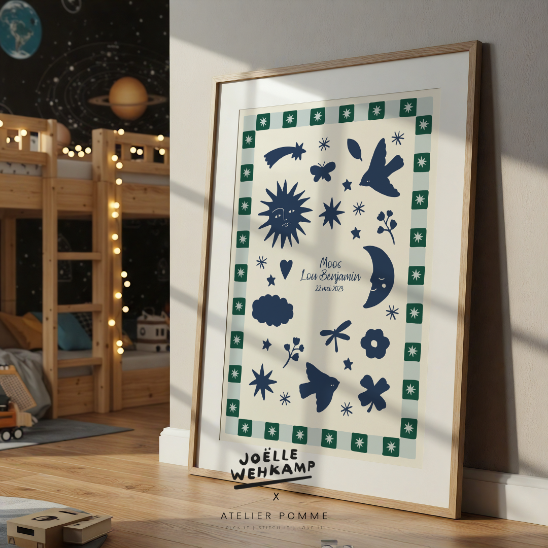 blauwe geboorte poster