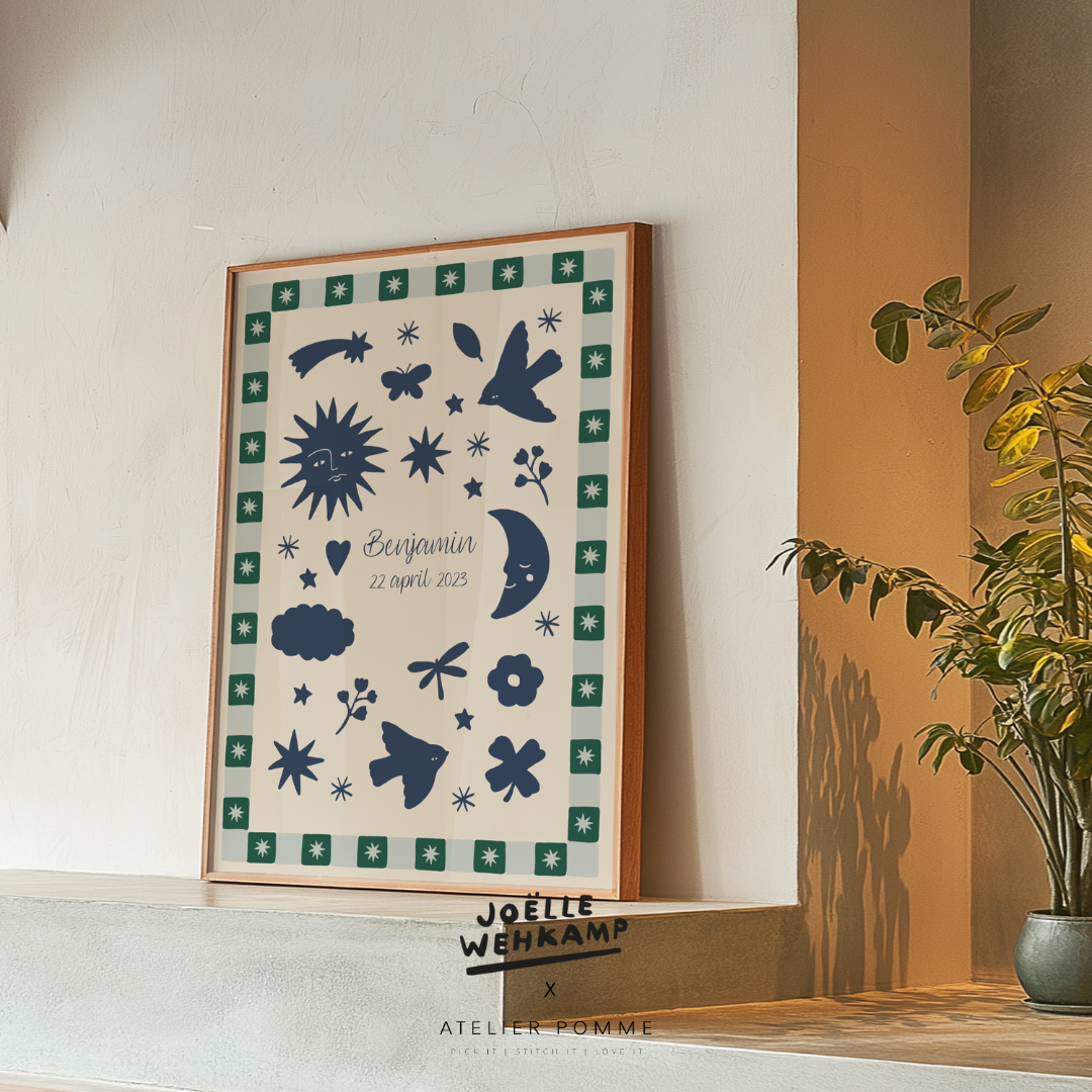 blauwe geboorte poster