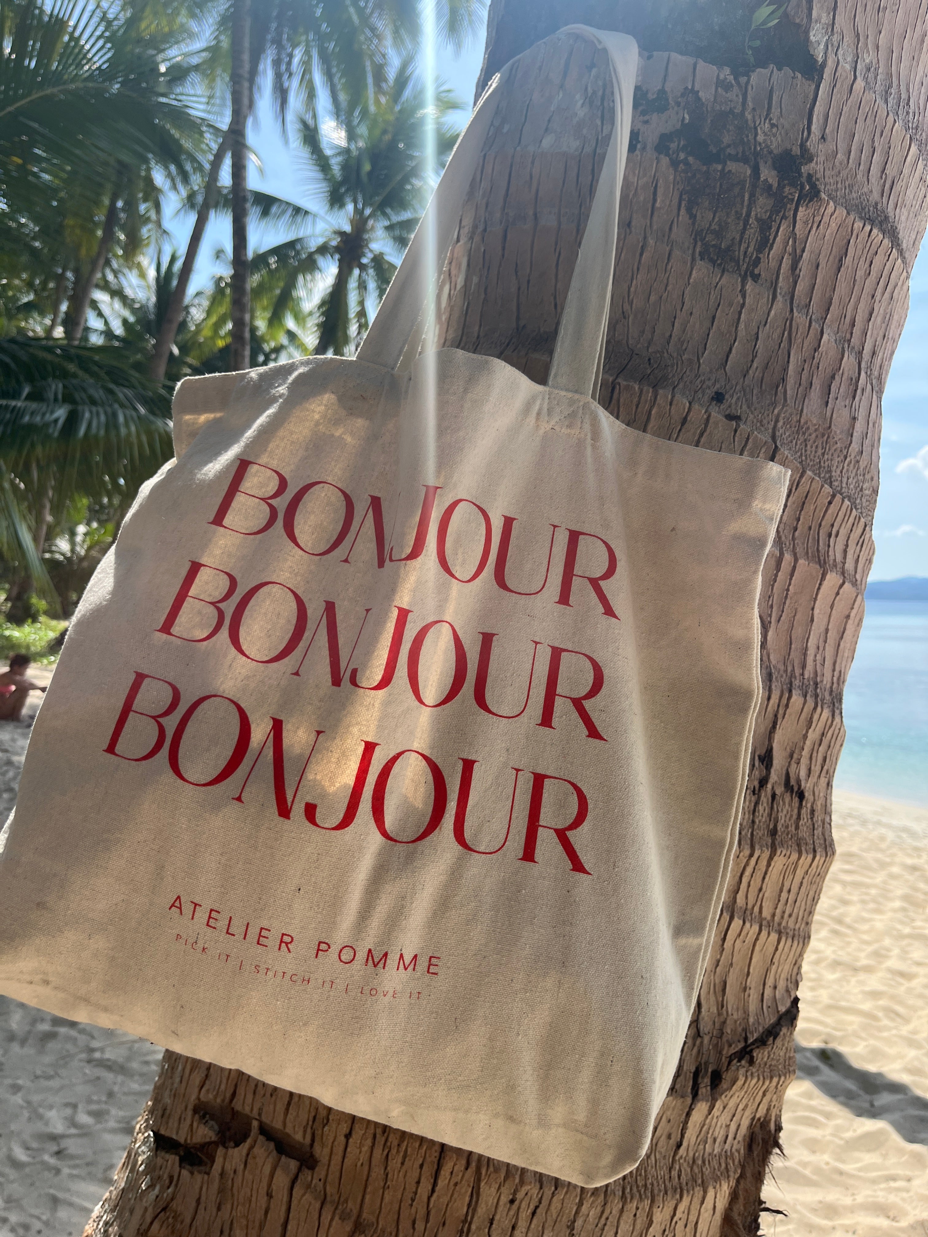 canvas tas met "bonjour" in het beige met rood