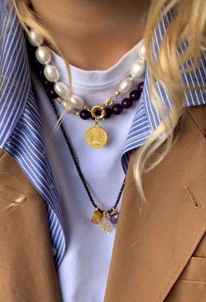 VESSONITE GEMSTONE NECKLACE WITH PEARL | PURPLE RAIN