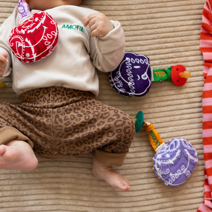 baby ligt met speen en speendoekje in de mond. met daarnaast speen en speenkoorden met tekst. 