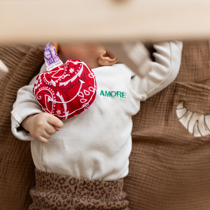 baby ligt op laken met speen en speendoekje met tekst in de mond. 