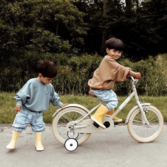 kinderen spelen buiten met een fiets. 