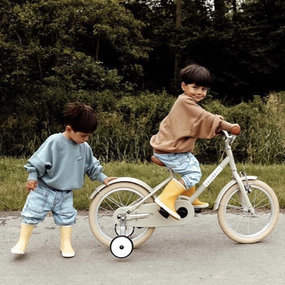 kinderen spelen buiten met een fiets. 